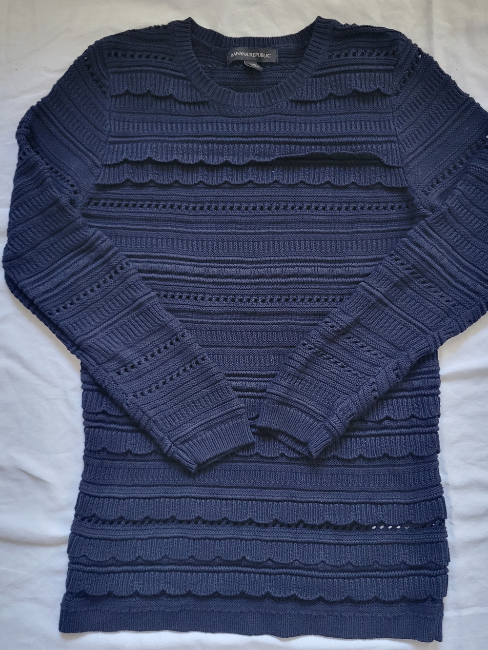 Banana Republic Navy Blue Textured Scalloped Crewneck Sweater